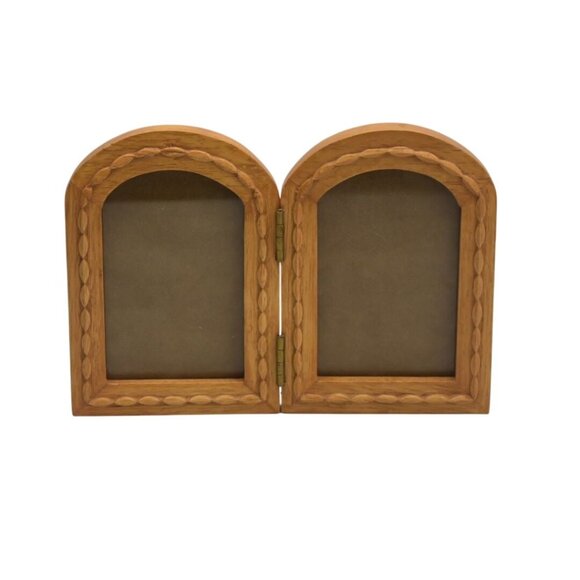 Craved Wood Double Picture Frame Hinged Arched Handcrafted - Picture 3 of 4